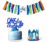 CORNER LACE Ocean 1st Birthday Decorations for Boys Blue, Under The Sea High Chair Banner First Birthday Hat Glitter Crown Cake Topper, Jellyfish Crab One Year Old Birthday Party Supplies