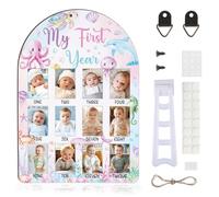 CORNER LACE Under The Sea My First Year Photo Frame, Baby's First Year Wooden Picture Frame Pink, Newborn 12 Months Milestone Memories Display Wood Board for 1st Birthday Decorations Keepsake Gift