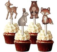 CORNER LACE Woodland Animal Wooden Cupcake Toppers, Woodland Creatures Theme Fox Deer Cake Picks Baby Shower Birthday Party Decorations 16pcs