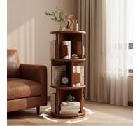 Corner Revolving Bookshelf Round End Side Table with Storage for Living Room & Bedroom Space Saving Rubberwood Nightstand & Display Cabinet for Kids & Plants (Brown 38.6in)