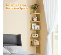 Corner Shelf Wall Mount, 5-Tier Floating Corner Bookshelf, for Bedroom, Natural Oak