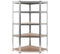 Corner Shelf with 5 Height-Adjustable Shelves Made of Silver Steel and Wood Material, Robust Boltless Shelving for Industry, Workshop, Basement, Garage with High Load Capacity and Sturdy Metal Frame