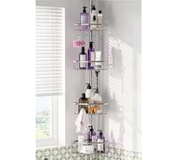 Corner Shower Caddy Tension Pole: Stainless Steel Rustproof 4-Tier Shower Organizer - 47-121 inch Adjustable Bathroom Shelves for Bathtub Shampoo Storage - Tension Rod Floor Standing Bath Rack -Silver