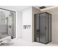 Corner Shower Enclosure Black/Dark Grey with Black Trim Walk in Cubicle Sliding Door Entry Shower Tray and Riser Kit Options (900mm x 900mm Shower Enclosure)