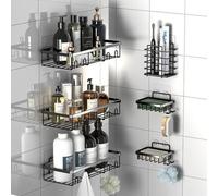 Corner Shower Rack Set - 6-Piece Self-Adhesive No Drilling Wall Mounted, Carbon Steel Matt Black Bathroom Organiser, Includes 3 Shelves, 2 Soap Dishes, Toothbrush Holder, Razor Holder & 10 Hooks