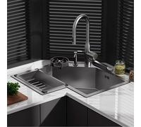 Corner Single Bowl Kitchen Sink, Modern Workstation Bar Sink with Waterfall Faucet, for Cafe Restaurant Hotel Bathroom Store