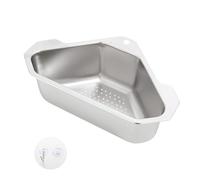 Corner Sink Strainer Basket - Stainless Steel Drain Rack, Triangular Kitchen Holder | 304 Draining Storage 24.6x18x8cm with Suction Cup Hook for Countertop Organization Black Silver