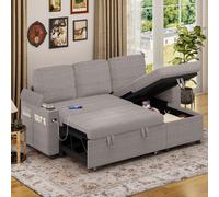 Corner Sofa Bed, 3-in-1 Corduroy Convertible Pull Out Sofa Bed with Adjustable Backrest, Storage, USB and Cup Holder