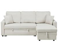 Corner Sofa Bed 3 Seater NASSJO Faux Linen Light Beige Left Hand
