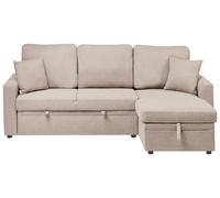 Corner Sofa Bed 3 Seater NASSJO Faux Linen Light Brown with Storage Left Hand