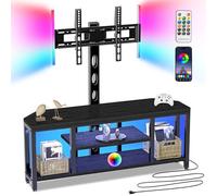 Corner TV Stand with Mount LED - Universal TV Mount Stand for 32-65" TV, Height Adjustable Swivel TV Console Wood & Steel Entertainment Center with Mount, Cabinet, Power Outlet, Colorful Light, Black