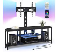 Corner TV Stand with Mount LED - Universal TV Mount Stand for 32-65" TV, Height Adjustable Swivel TV Console Wood & Steel Entertainment Center with Mount, Cabinet, Power Outlet, Colorful Light, Black