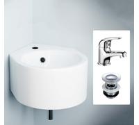 Corner Wall Hung Bathroom 300 x 435mm Cloakroom Ceramic Basin, Banox Single Lever Basin Sink Mono Mixer Tap & Basin Waste