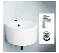 Corner Wall Hung Bathroom 310 x 435mm Cloakroom Ceramic Basin, Raldo Bathroom Cloakroom Basin Mixer Tap & Basin Waste
