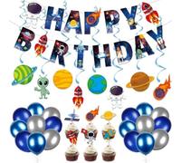 Cornholepy 47PCS Space Galaxy Birthday Party Decorations - Outer Space & Solar System Theme Banners Hanging Swirls, Balloons, Streamers, Cupcake Toppers (Blue)