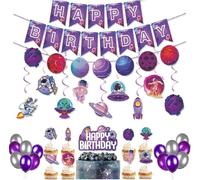 Cornholepy 52PCS Space Galaxy Birthday Decorations, Solar System Birthday Party Supplies, Outer Space Themed Party Decorations, Banners Hanging Swirls Balloons Streamers Cupcake Toppers (Purple)