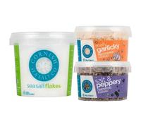 Cornish Sea Salt Cooking Essentials Trio Bundle | Really Garlicky 55g, Salt & Peppery 60g & Sea Salt Flakes 150g