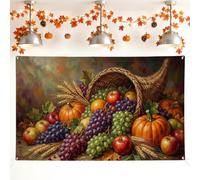Cornucopia Backdrop, Traditional Rustic Pumpkins Grapes Fall Orange Photography Backdrop for Home Room Wall Celebration Display Decor 71x43 Inch