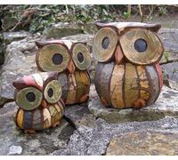 Cornwall Art Prints Set of 3 Wooden Owls Fair Trade 10cm, 8cm, 6cm.
