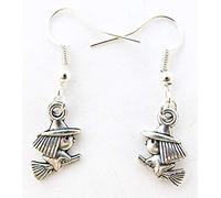 Cornwall Art Prints Witch on Broomstick Silver Colour Earrings, Silver Hooks, 1.3 cm Drop