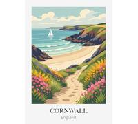Cornwall Coast Travel Art Print, Coastal Landscape with Wildflowers and Sailboat, Beach Path Wall Decor. Size A4