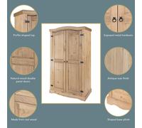 Corona 2 Door Wardrobe, Antique Wax Finish, Shelf and Hanging Rail, Storage