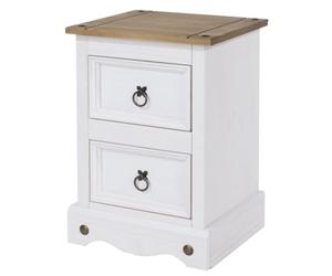 Corona 2-Drawer Petite Bedside Cabinet, Rustic Compact Mexican Design, Waxed Finish, Metal Hardware, Storage Nightstand Table for Bedrooms, Living Rooms & Hallways (White)