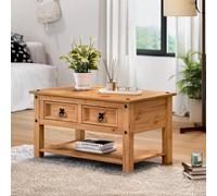 Corona 2-Drawer Solid Pine Coffee Table - Hand-Waxed, Rustic Mexican Style with Black Metal Fittings