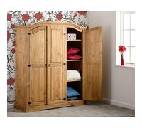 Corona 3 Door Wardrobe Distressed Waxed Pine Hanging Rail Shelving Metal Handle