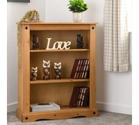 Corona 3 Shelf Low Bookcase Unit Wax Solid Wood Pine Rustic Mexican