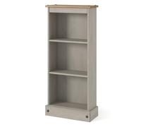 Corona 3-Shelf Low Narrow Bookcase, Solid Pine Wooden Storage Display Unit for Books, CDs, Collectibles with Adjustable Shelves, Grey Wax Finish for Living Room, Bedroom, Office or Hallway