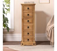 Mercers Furniture Corona Narrow 6 Drawer Chest Bedside Cabinet Solid Wood Mexican Pine Wooden Night Stand Lamp Table Side End Storage Drawers Bedroom Living Room Office 105cm High 35cm Wide 33cm Deep