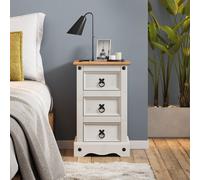 Mercers Furniture Corona White Narrow 3 Drawer Bedside Cabinet Table Solid Wood Pine Wooden With Mexican Styling