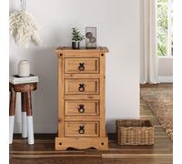 Mercers Furniture Corona Narrow 4 Drawer Bedside Cabinet Solid Wood Pine Wooden Lamp Stand Tall Slim Bedroom Hallway Living Room Mexican 74cm High 35cm Wide 33cm Deep