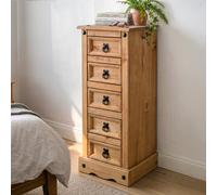 Mercers Furniture Corona Narrow 5 Drawer Chest Bedside Cabinet Table Night Stand Tall Slim Side End Lamp Unit Drawers Bedroom Mexican Pine Wood Solid Wooden 89cm High. 35cm Wide. 33cm Deep.