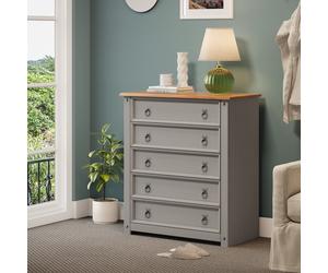 Corona Chest of Drawers 5 Drawer Small Grey Wax Solid Wood Pine Wooden Bedroom