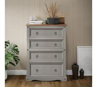 Mercers Furniture Corona Grey Wax Compact 4 Drawer Chest Of Drawers Solid Wood Pine Wooden Painted With Mexican Styling