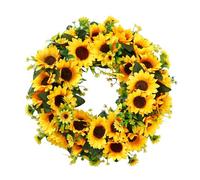 Corona de girasol artificial con hojas verdes que cuelgan corona de primavera de imitación para puerta de entrada, pared, decoración del hogar, girasoles amarillos vibrantes,
