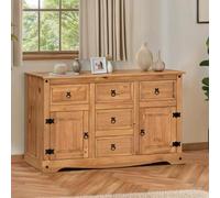 Corona Furniture Large Sideboard 2 Door 5 Drawers Solid Wood Mexican Pine Wooden Dresser Storage Cabinet Cupboard Hallway Kitchen Living Dining Room 76cm High. 125cm Wide. 40cm Deep.