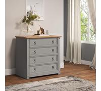 Corona Solid Wood Pine Grey Painted Wax Small 4 Drawer Chest Wooden Bedroom Storage Unit Mexican Style Mercers Furniture 73cm High 80cm Wide 41cm Deep