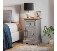 Corona Grey Bedside Cabinet 1 Door 1 Drawer Narrow Pot Cupboard Solid Wood Pine Wooden Painted Wax Slim Night Stand End Lamp Side Unit Mexican Style 58cm High 35cm Wide 33cm Deep