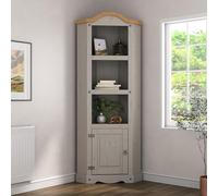 Corona Grey Corner Display Bookcase Unit Mexican Solid Pine with Elegant Contrasting Gunmetal Finish Handles and Hinges