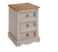 Corona Grey Painted Wax 3 Drawer Medium Bedside Cabinet Solid Wood Pine Wooden Side End Lamp Table Unit Bedroom Lounge Living Room Hallway Mexican Style 64cm High 45cm Wide 35cm Deep