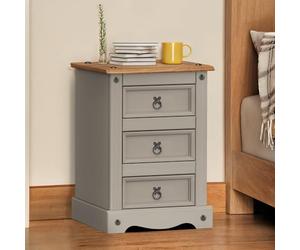 Corona Grey Painted Wax 3 Drawer Medium Bedside Cabinet Solid Wood Pine Wooden Side End Lamp Table Unit Bedroom Lounge Living Room Hallway Mexican Style 64cm High 45cm Wide 35cm Deep