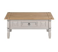 Corona Grey Pine Coffee Table - 1 Drawer, Rustic Mexican Style, Solid Pine, Gunmetal Hardware (95x50x44 cm)