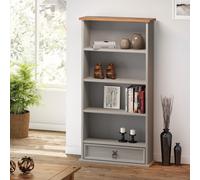 Mercers Furniture Corona Grey Wax 1 Drawer Media Rack Dvd Small Bookcase 4 Shelf Display Storage Unit Solid Pine Mexican Styling, Grey