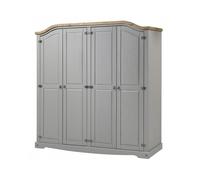 Mercers Furniture Corona Grey Wax 4 Door Arch Top Wardrobe Solid Pine Rustic Mexican Styling, Grey