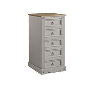 Corona Grey Wax 5-Drawer Narrow Pine Chest - Solid Pine, Hand-Waxed Grey Finish, Antique Metal Handles