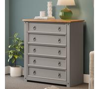 Mercers Furniture Corona Grey Wax Small 5 Drawer Chest Solid Wood Pine Wooden Bedroom Storage Drawers Shabby Chic Mexican Style 89cm High 80cm Wide 41cm Deep