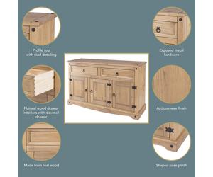Corona Medium Sideboard 2 Drawer 3 Door, Pine Antique Wax, Sturdy Storage Unit